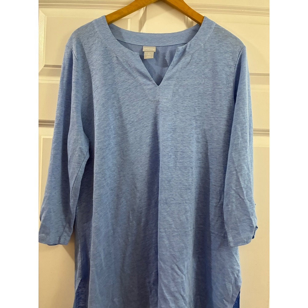 Chicos Linen Tunic Top Blue 3/4 Sleeve Button Tab Split V-Neck Size 2 Large